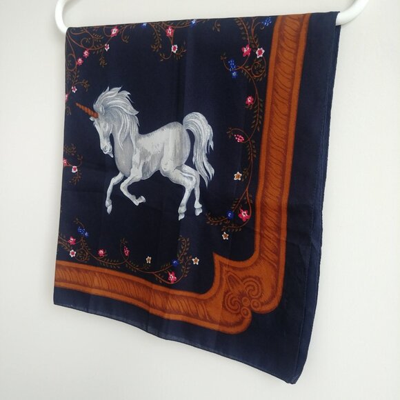 Dark navy blue unicorn floral approx square scarf - Picture 2 of 11